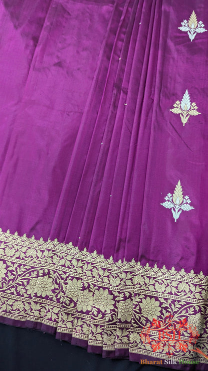 Pure Banarasi Handloom Katan Silk Antique Zari Saree In Shades Of Magenta - Bharat Silk House