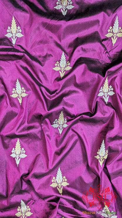 Pure Banarasi Handloom Katan Silk Antique Zari Saree In Shades Of Magenta - Bharat Silk House