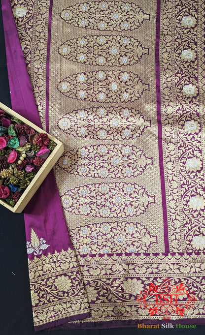 Pure Banarasi Handloom Katan Silk Antique Zari Saree In Shades Of Magenta - Bharat Silk House