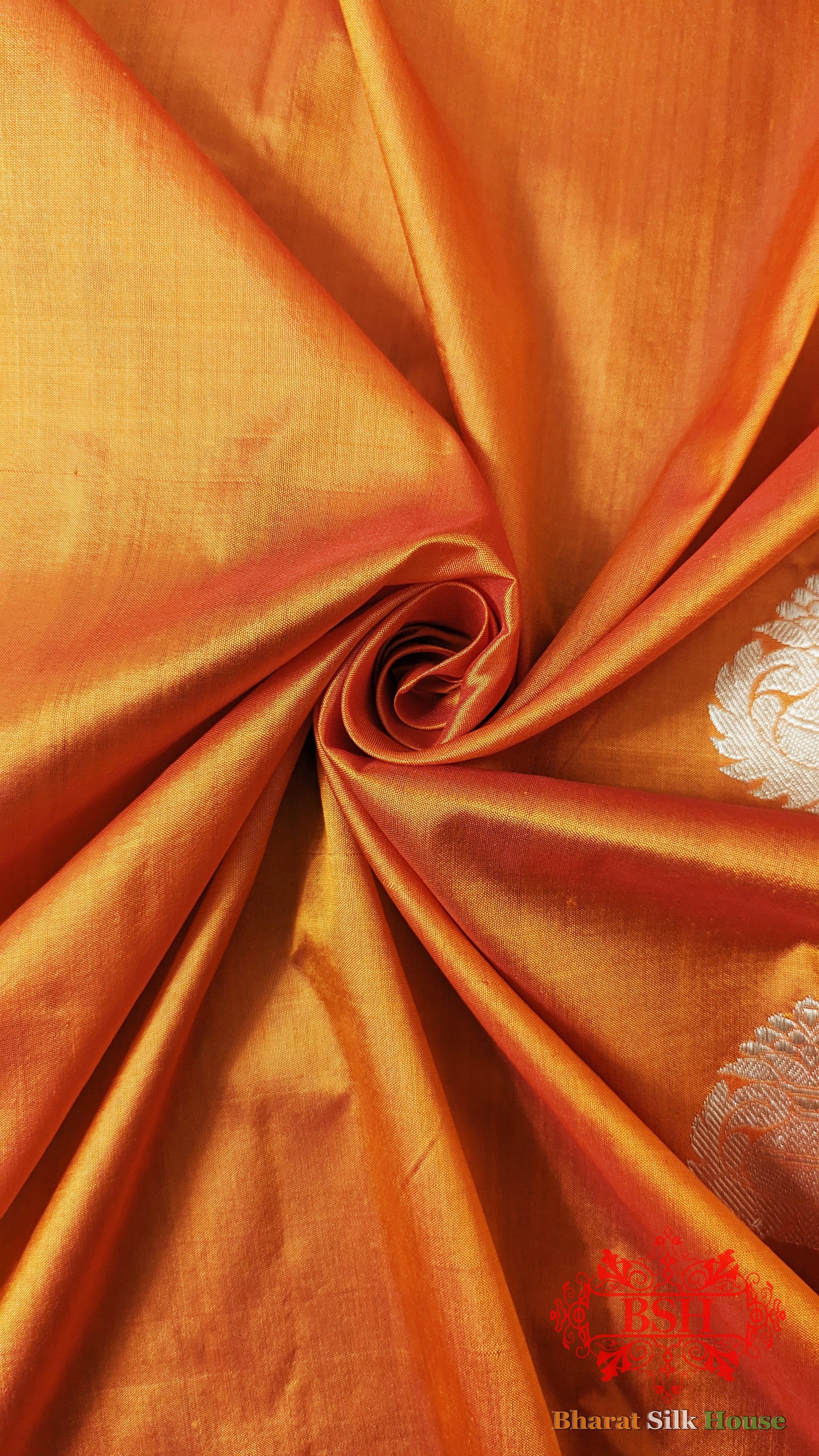 Pure Banarasi Handloom Katan Silk Antique Zari Saree In Shades Of Orange - Bharat Silk House