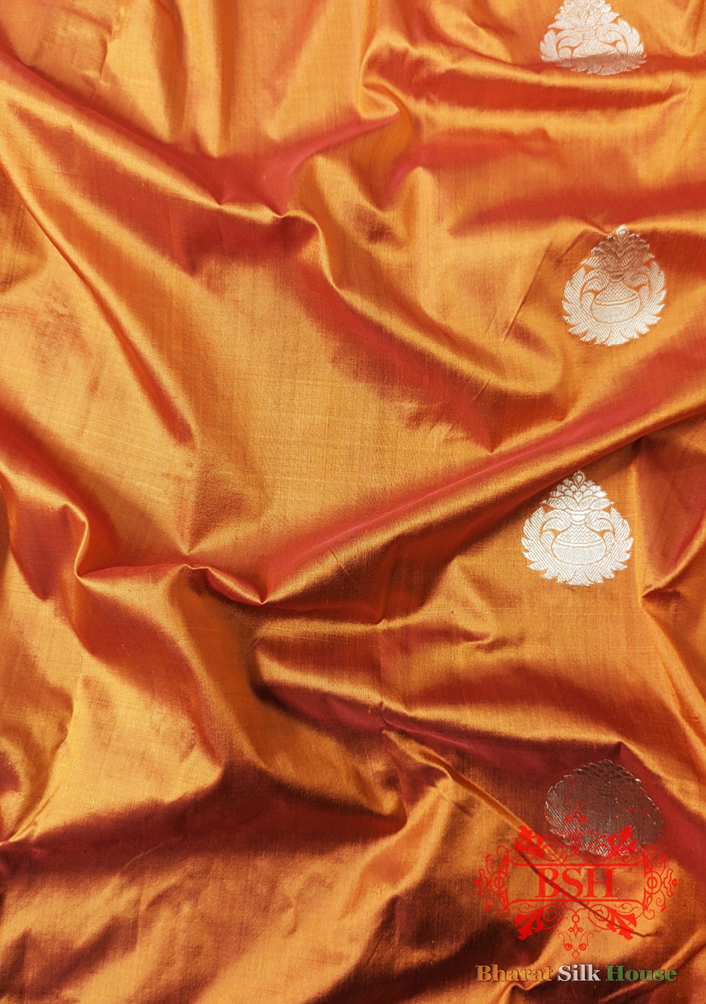 Pure Banarasi Handloom Katan Silk Antique Zari Saree In Shades Of Orange - Bharat Silk House