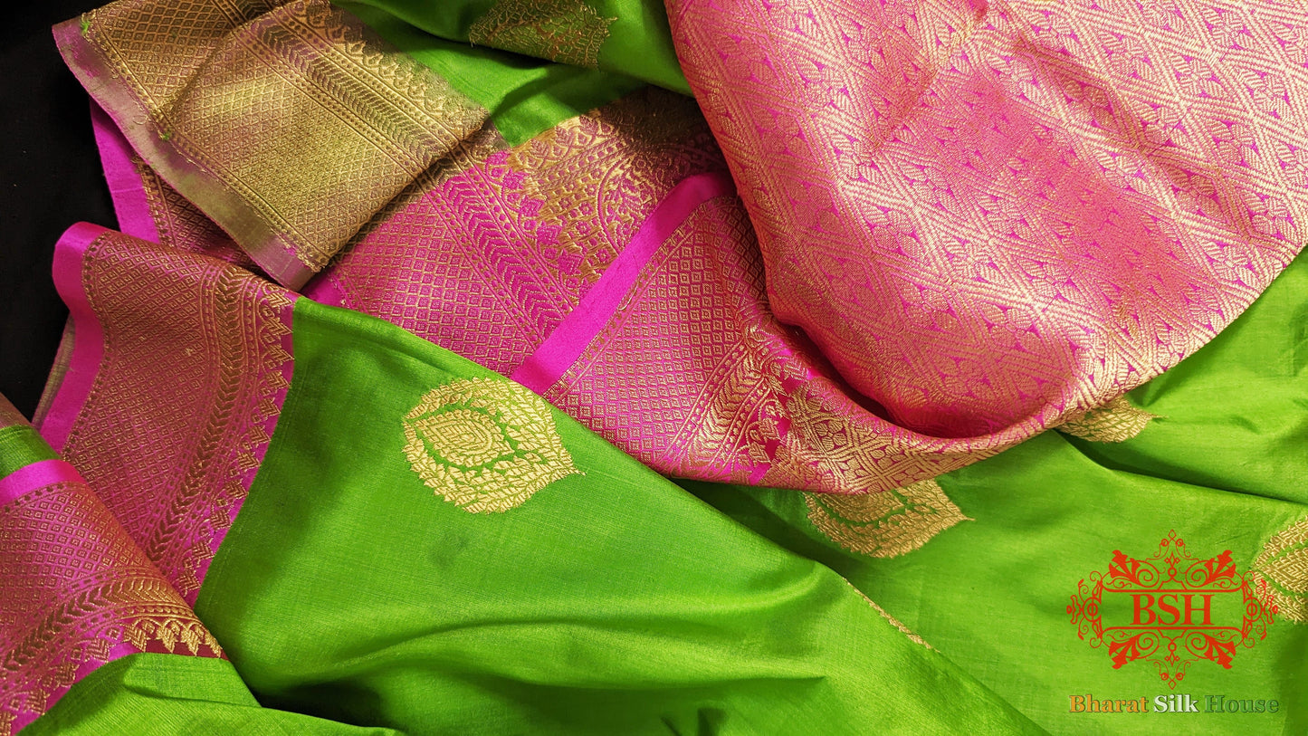 Pure Banarasi Handloom Katan Silk Antique Zari Saree In Shades Of Parrot Green - Bharat Silk House