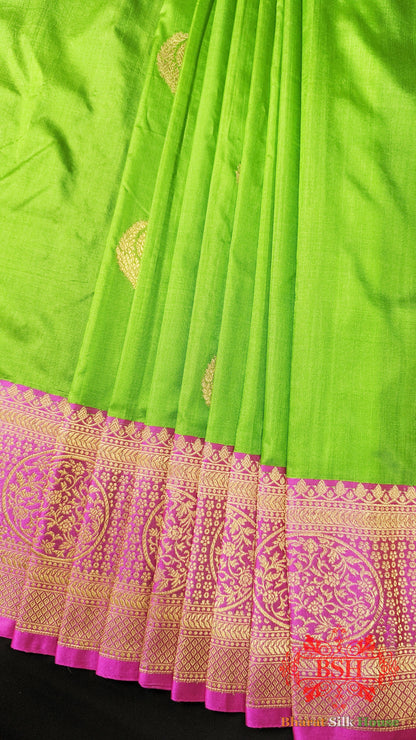 Pure Banarasi Handloom Katan Silk Antique Zari Saree In Shades Of Parrot Green - Bharat Silk House