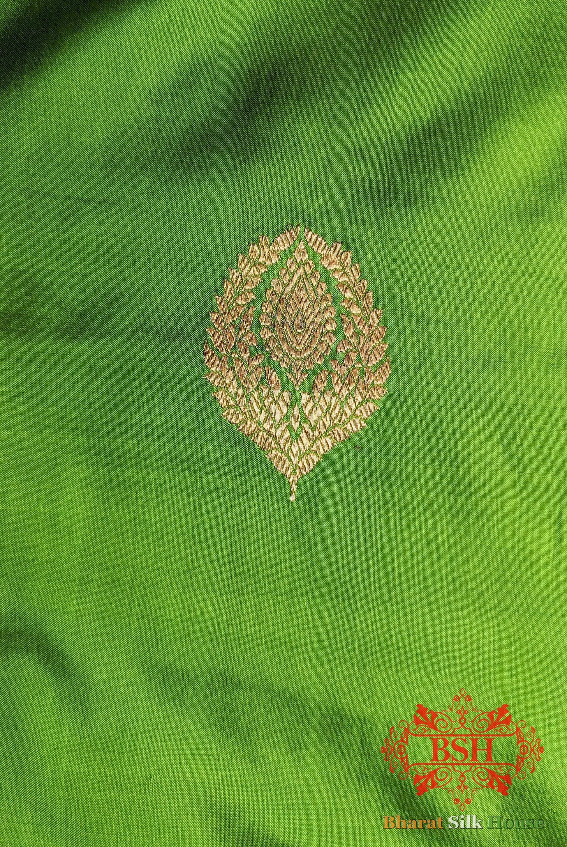 Pure Banarasi Handloom Katan Silk Antique Zari Saree In Shades Of Parrot Green - Bharat Silk House