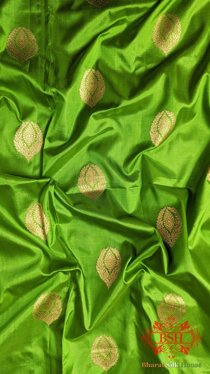 Pure Banarasi Handloom Katan Silk Antique Zari Saree In Shades Of Parrot Green - Bharat Silk House