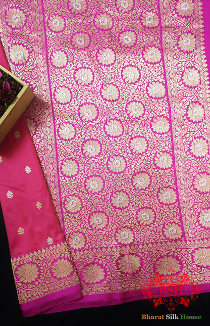 Pure Banarasi Handloom Katan Silk Antique Zari Saree In Shades Of Pink - Bharat Silk House