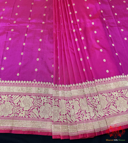 Pure Banarasi Handloom Katan Silk Antique Zari Saree In Shades Of Pink - Bharat Silk House