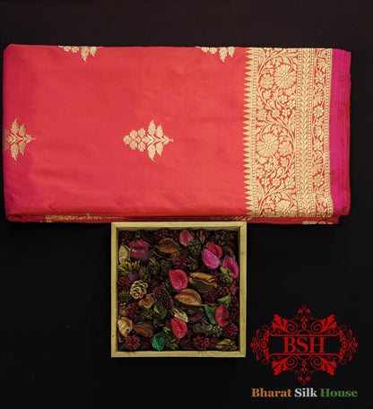 Pure Banarasi Handloom Katan Silk Antique Zari Saree In Shades Of Pink - Bharat Silk House