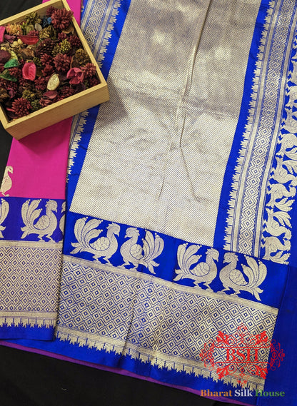 Pure Banarasi Handloom Katan Silk Antique Zari Saree In Shades Of Pink/Royal - Bharat Silk House