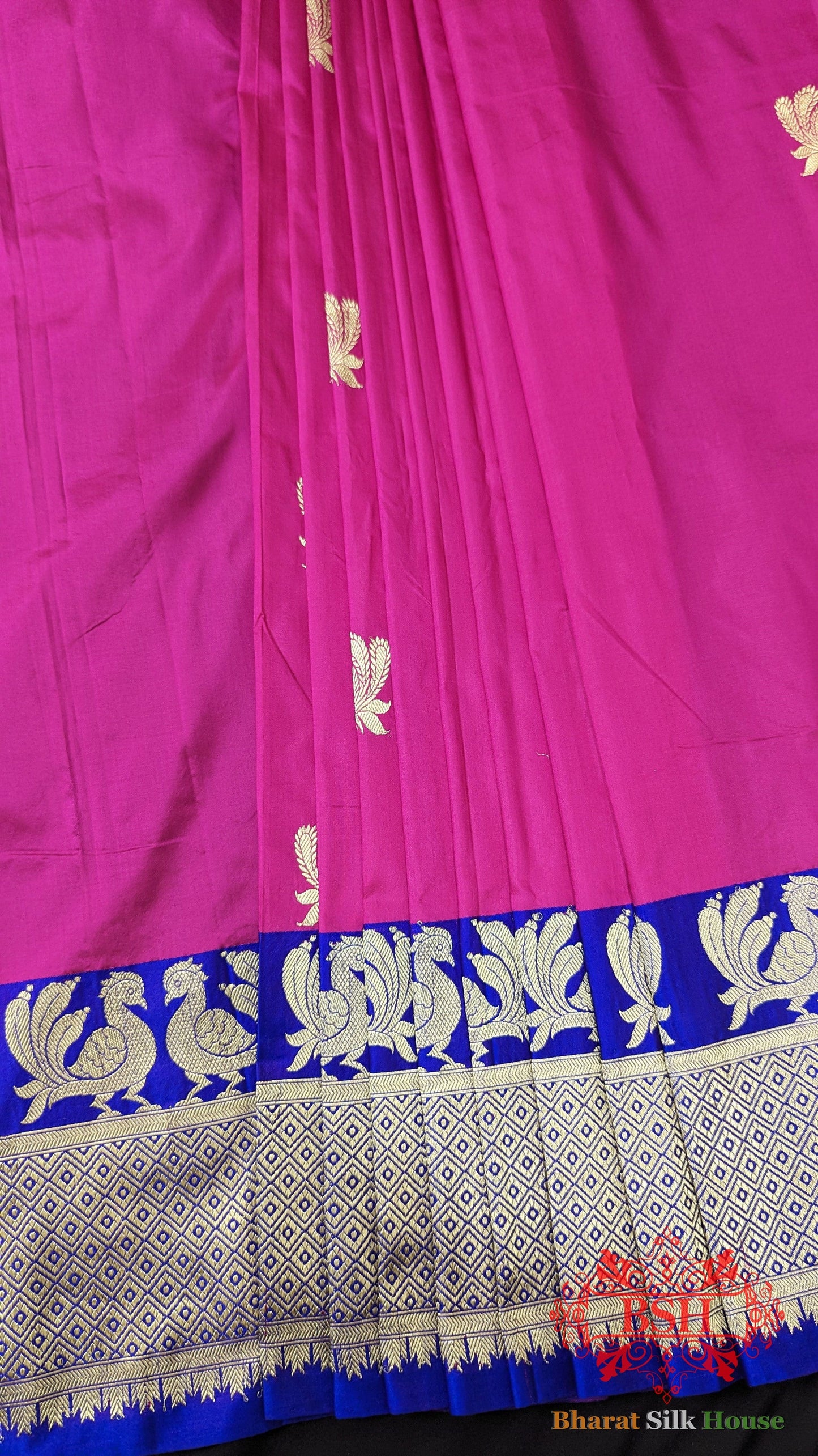 Pure Banarasi Handloom Katan Silk Antique Zari Saree In Shades Of Pink/Royal - Bharat Silk House