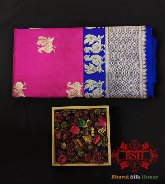 Pure Banarasi Handloom Katan Silk Antique Zari Saree In Shades Of Pink/Royal - Bharat Silk House