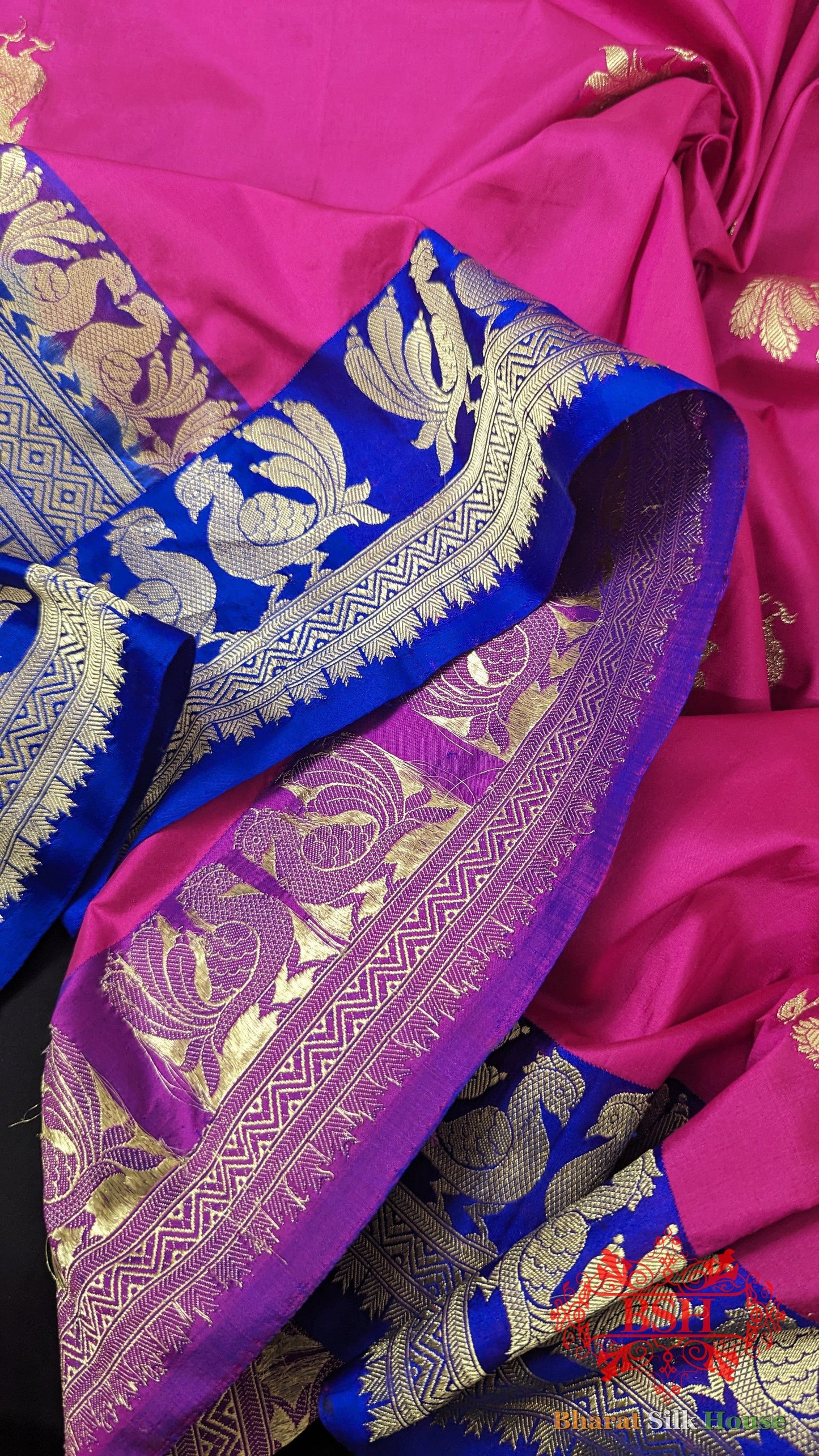 Pure Banarasi Handloom Katan Silk Antique Zari Saree In Shades Of Pink/Royal - Bharat Silk House