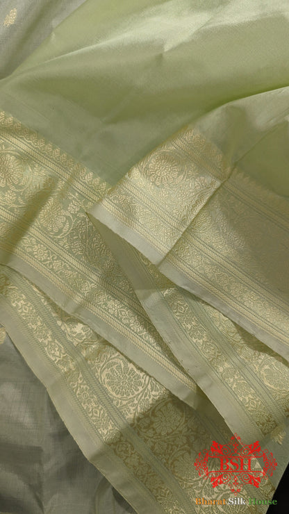 Pure Banarasi Handloom Katan Silk Antique Zari Saree In Shades Of Pista - Bharat Silk House