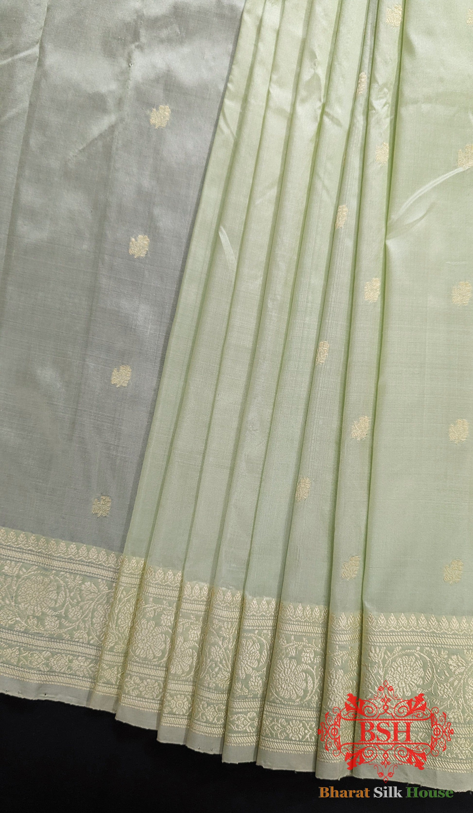 Pure Banarasi Handloom Katan Silk Antique Zari Saree In Shades Of Pista - Bharat Silk House