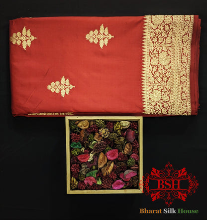 Pure Banarasi Handloom Katan Silk Antique Zari Saree In Shades Of Red - Bharat Silk House