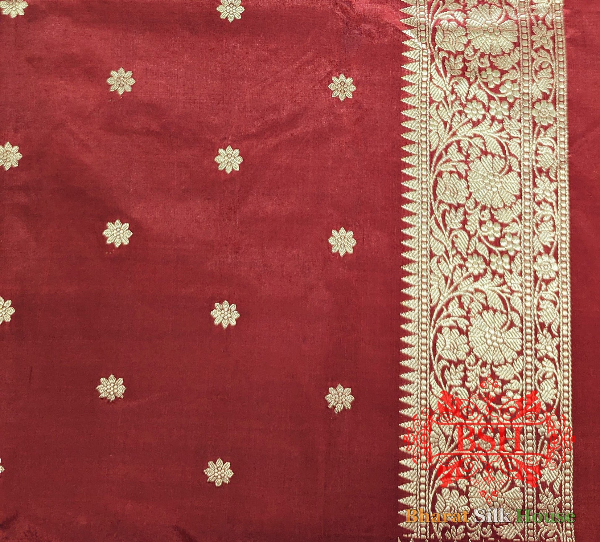 Pure Banarasi Handloom Katan Silk Antique Zari Saree In Shades Of Red - Bharat Silk House