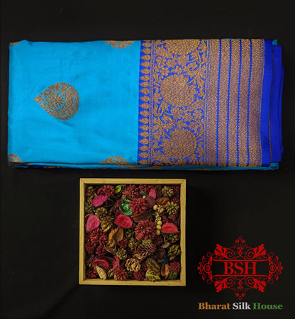 Pure Banarasi Handloom Katan Silk Antique Zari Saree In Shades Of Royal Blue - Bharat Silk House