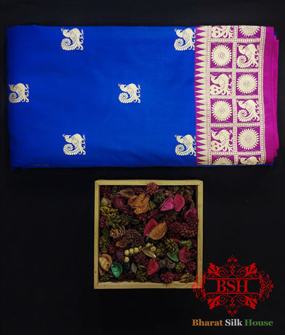 Pure Banarasi Handloom Katan Silk Antique Zari Saree In Shades Of Royal Blue - Bharat Silk House