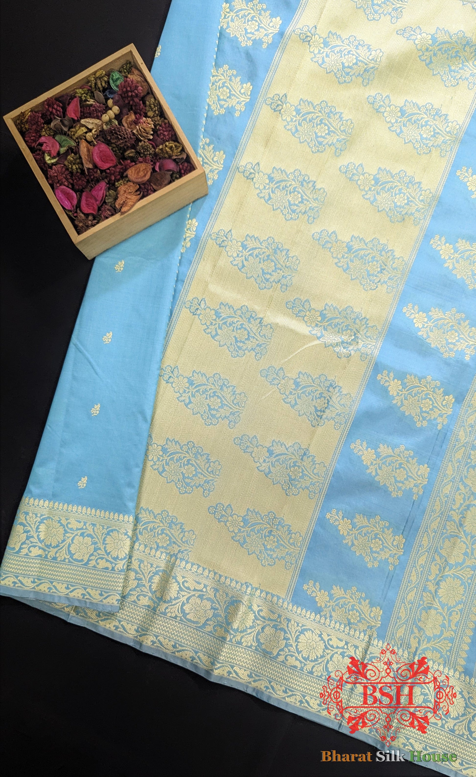 Pure Banarasi Handloom Katan Silk Antique Zari Saree In Shades Of Sky Blue - Bharat Silk House