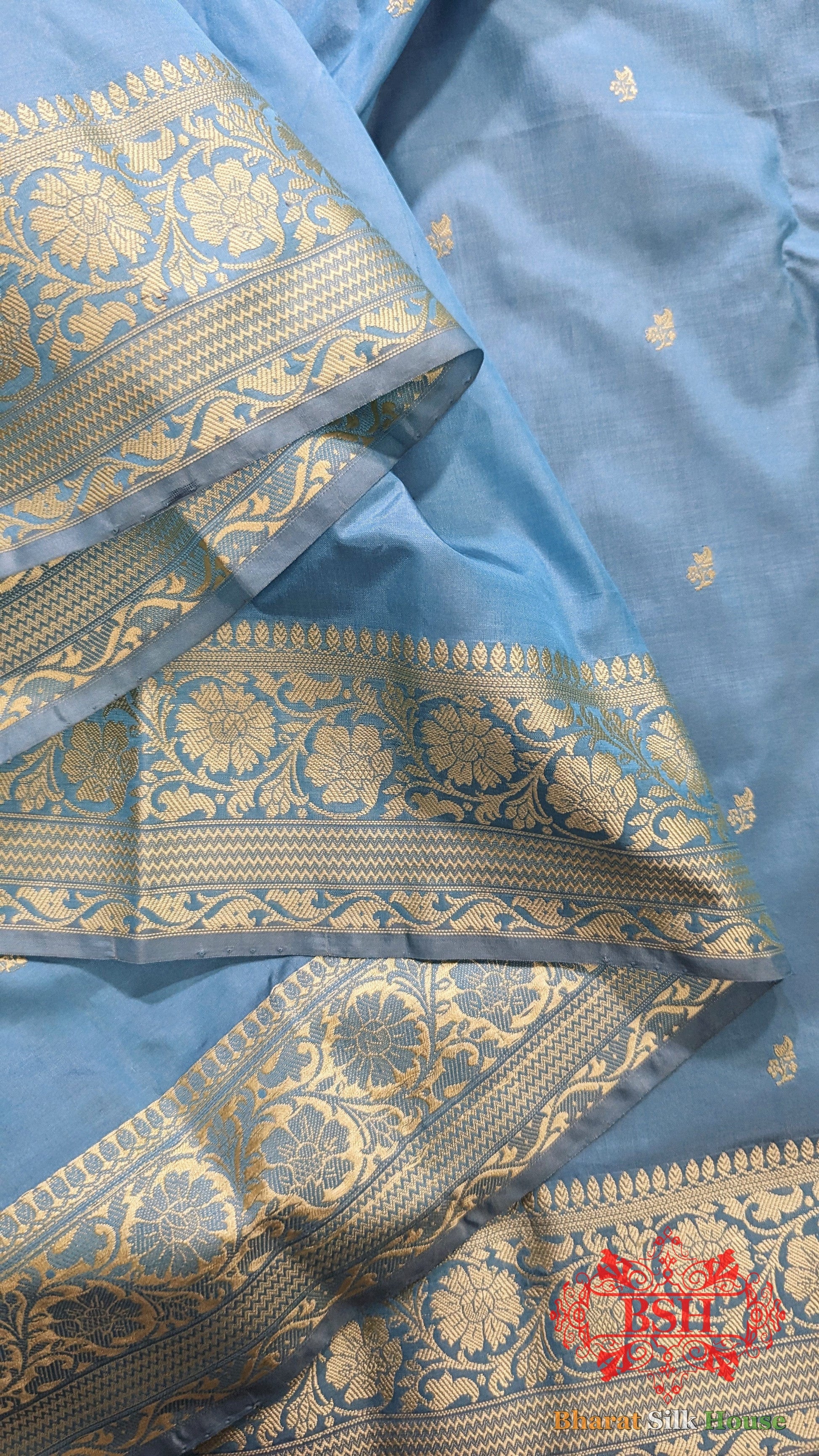 Pure Banarasi Handloom Katan Silk Antique Zari Saree In Shades Of Sky Blue - Bharat Silk House