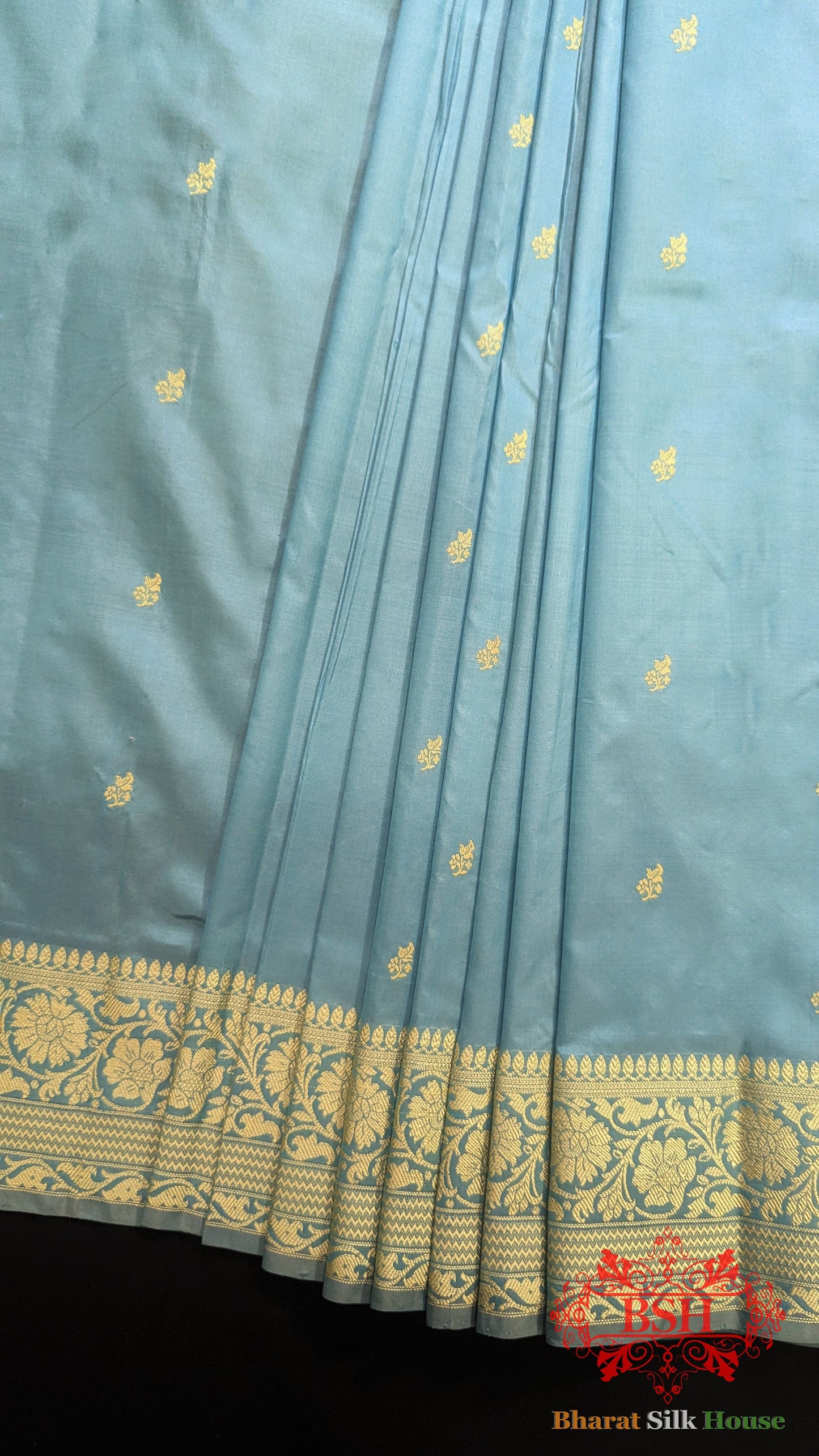 Pure Banarasi Handloom Katan Silk Antique Zari Saree In Shades Of Sky Blue - Bharat Silk House