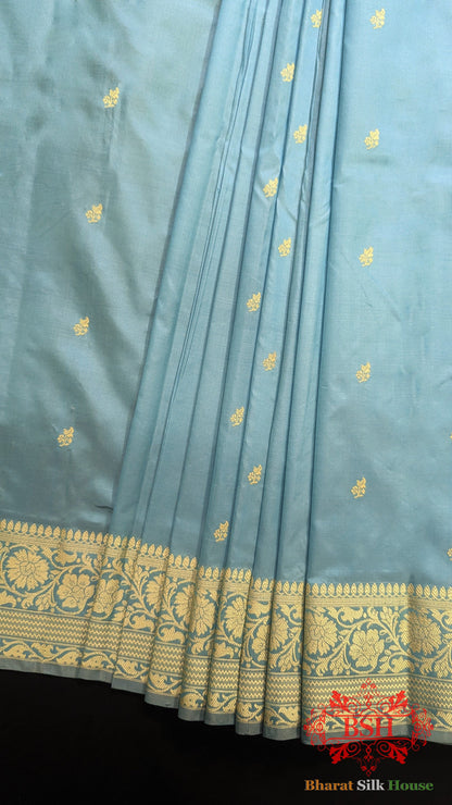 Pure Banarasi Handloom Katan Silk Antique Zari Saree In Shades Of Sky Blue - Bharat Silk House