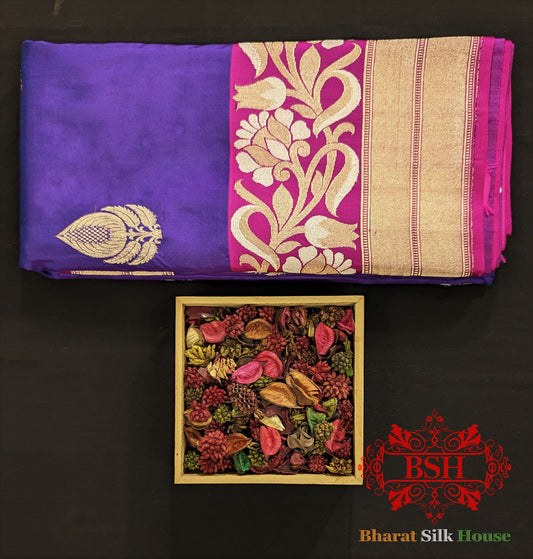 Pure Banarasi Handloom Katan Silk Antique Zari Saree In Shades Of Violet - Bharat Silk House