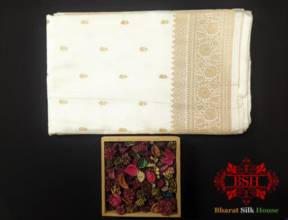 Pure Banarasi Handloom Katan Silk Antique Zari Saree In Shades Of White - Bharat Silk House