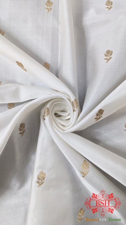 Pure Banarasi Handloom Katan Silk Antique Zari Saree In Shades Of White - Bharat Silk House