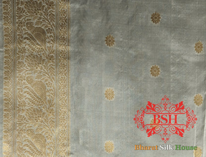 Pure Banarasi Handloom Katan Silk Antique Zari Saree In Shades Of White - Bharat Silk House