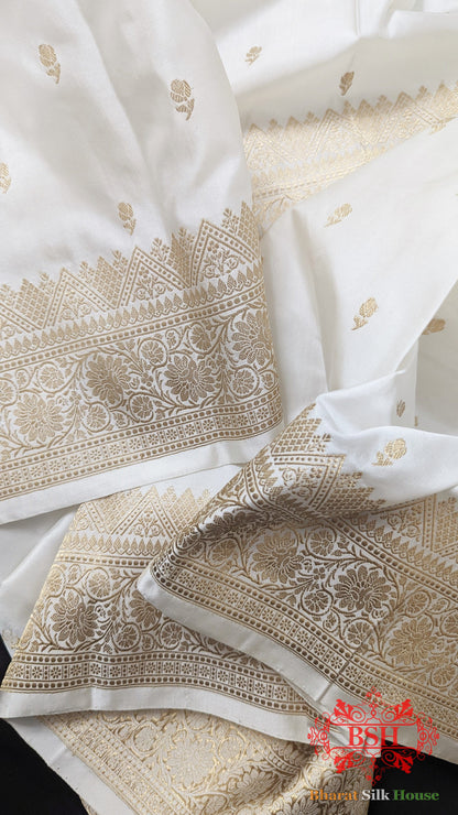 Pure Banarasi Handloom Katan Silk Antique Zari Saree In Shades Of White - Bharat Silk House