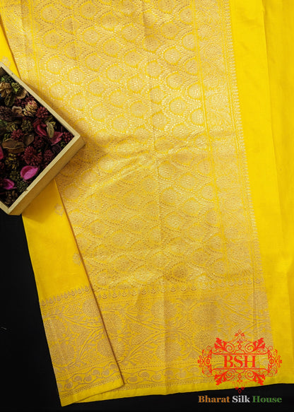 Pure Banarasi Handloom Katan Silk Antique Zari Saree In Shades Of Yellow - Bharat Silk House