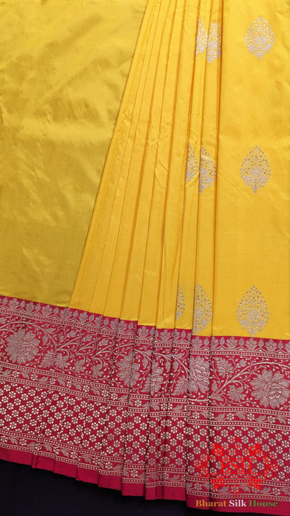 Pure Banarasi Handloom Katan Silk Antique Zari Saree In Shades Of Yellow - Bharat Silk House