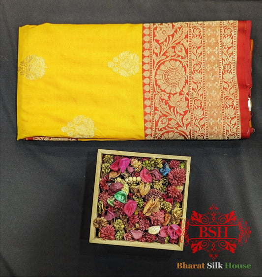 Pure Banarasi Handloom Katan Silk Antique Zari Saree In Shades Of Yellow - Bharat Silk House