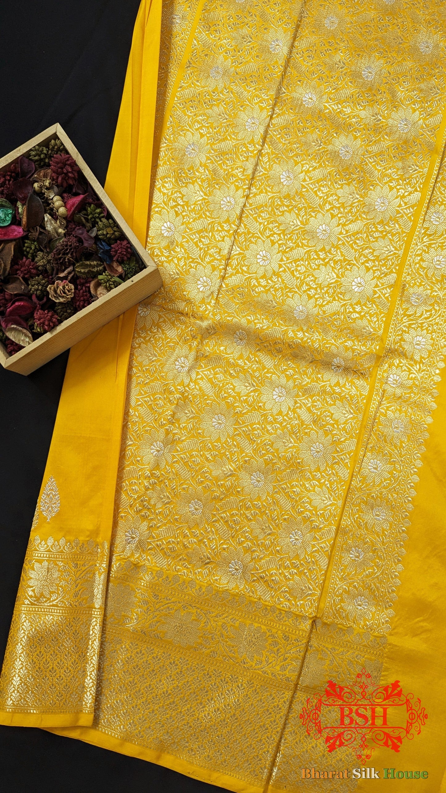 Pure Banarasi Handloom Katan Silk Antique Zari Saree In Shades Of Yellow - Bharat Silk House