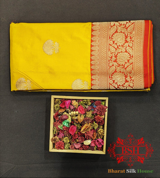 Pure Banarasi Handloom Katan Silk Antique Zari Saree In Shades Of Yellow - Bharat Silk House