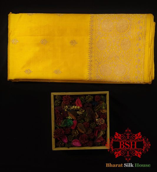 Pure Banarasi Handloom Katan Silk Antique Zari Saree In Shades Of Yellow - Bharat Silk House