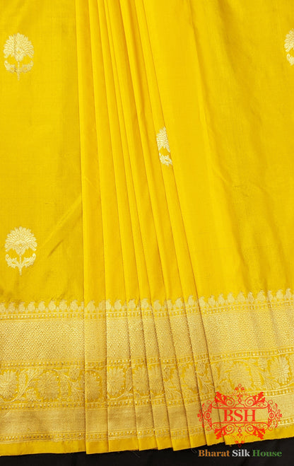 Pure Banarasi Handloom Katan Silk Antique Zari Saree In Shades Of Yellow - Bharat Silk House