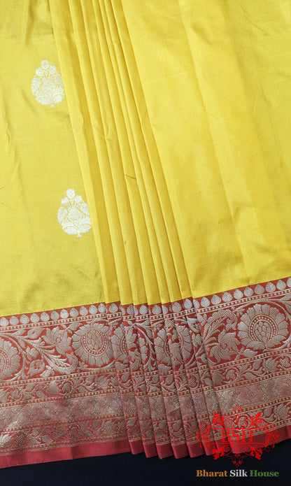 Pure Banarasi Handloom Katan Silk Antique Zari Saree In Shades Of Yellow - Bharat Silk House