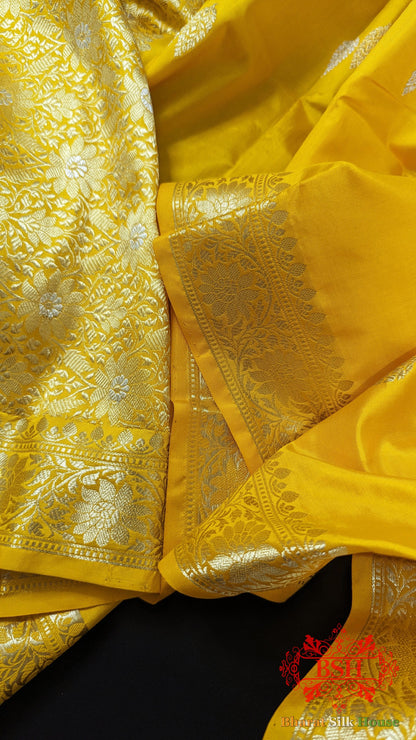 Pure Banarasi Handloom Katan Silk Antique Zari Saree In Shades Of Yellow - Bharat Silk House