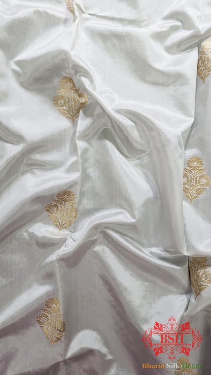 Pure Banarasi Handloom Katan Silk Dyeable Antique Zari Saree In Shades Of White - Bharat Silk House