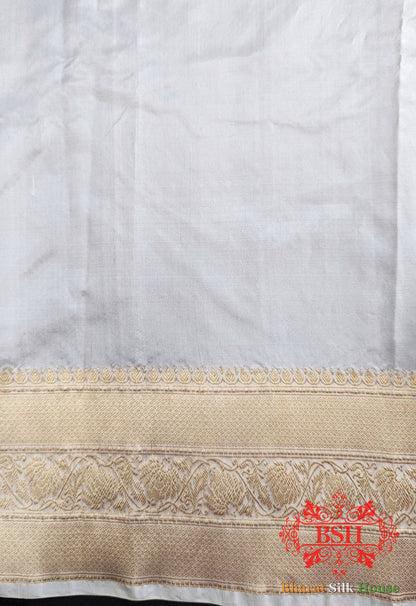 Pure Banarasi Handloom Katan Silk Dyeable Antique Zari Saree In Shades Of White - Bharat Silk House