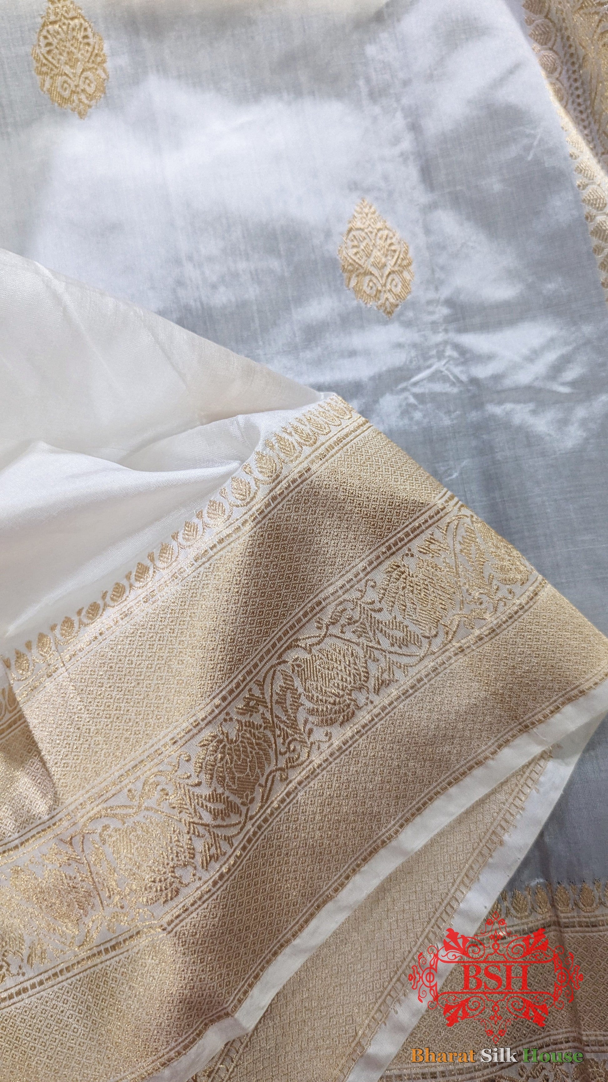 Pure Banarasi Handloom Katan Silk Dyeable Antique Zari Saree In Shades Of White - Bharat Silk House