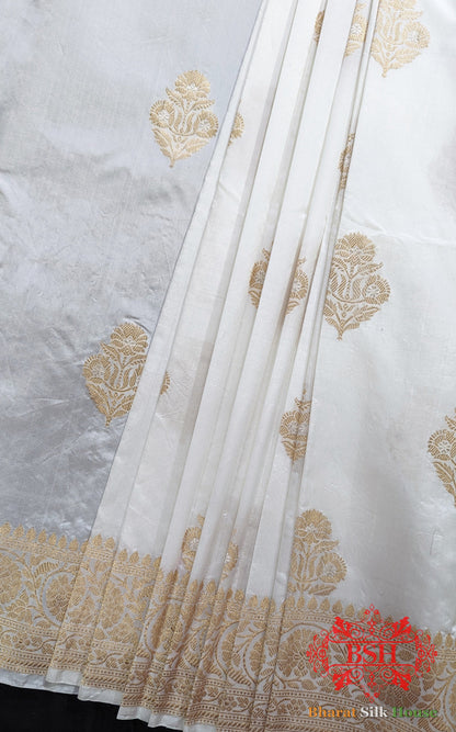 Pure Banarasi Handloom Katan Silk Dyeable Antique Zari Saree In Shades Of White - Bharat Silk House