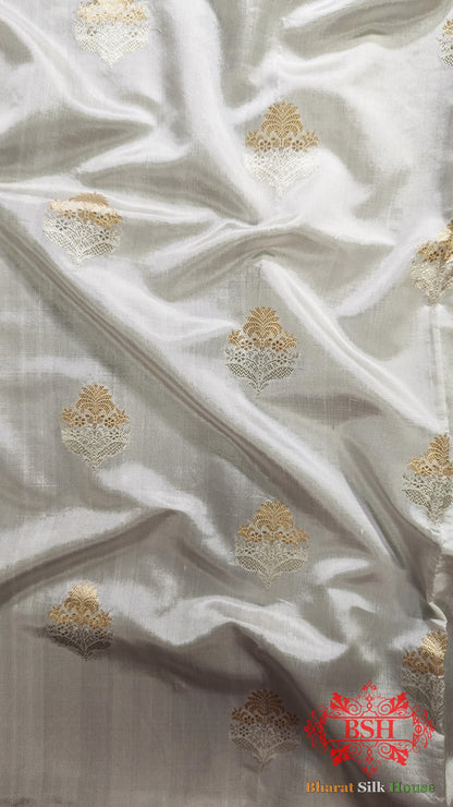 Pure Banarasi Handloom Katan Silk Dyeable Meenakaari Antique Zari Saree In Shades Of White - Bharat Silk House