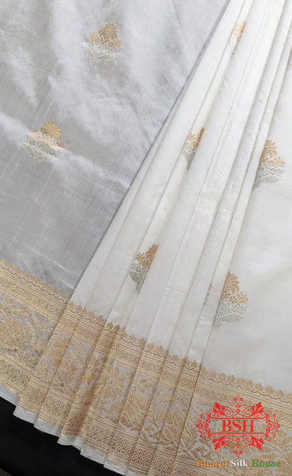 Pure Banarasi Handloom Katan Silk Dyeable Meenakaari Antique Zari Saree In Shades Of White - Bharat Silk House