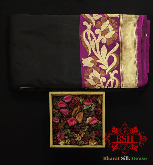 Pure Banarasi Handloom Katan Silk Meenakari Antique Double Zari Saree In Shades Of Black - Bharat Silk House