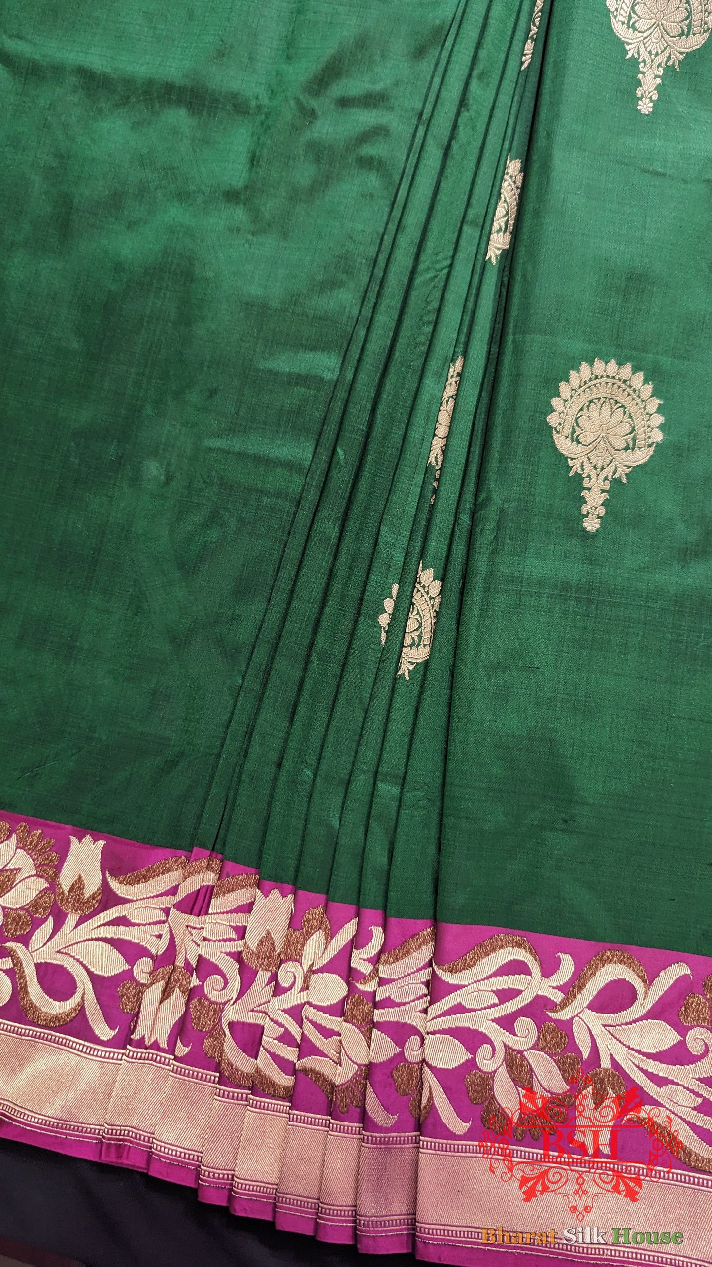 Pure Banarasi Handloom Katan Silk Meenakari Antique Double Zari Saree In Shades Of Green - Bharat Silk House