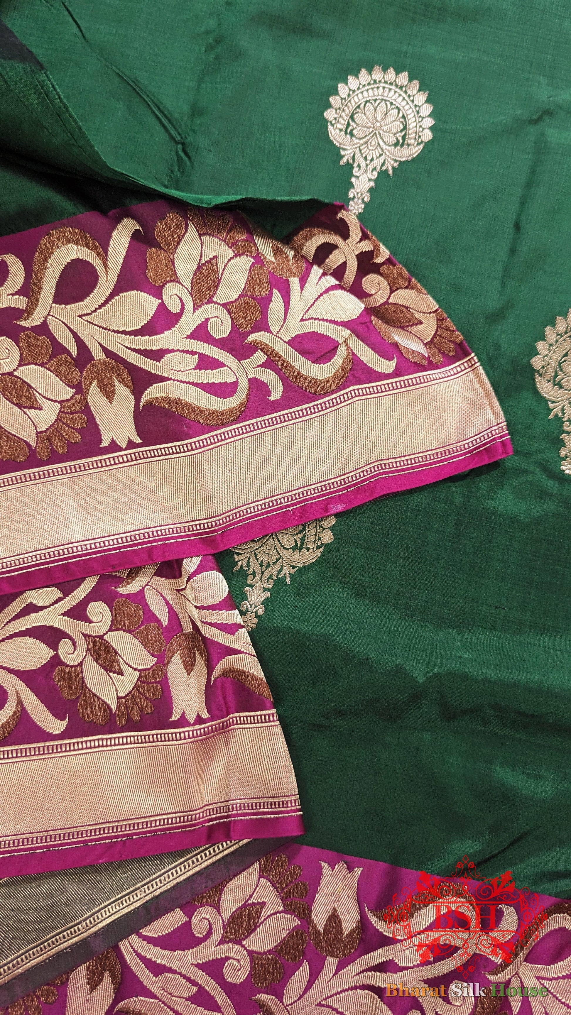 Pure Banarasi Handloom Katan Silk Meenakari Antique Double Zari Saree In Shades Of Green - Bharat Silk House