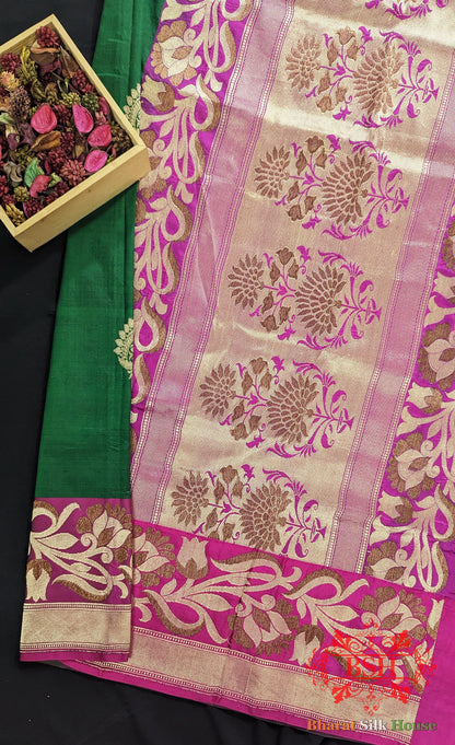 Pure Banarasi Handloom Katan Silk Meenakari Antique Double Zari Saree In Shades Of Green - Bharat Silk House